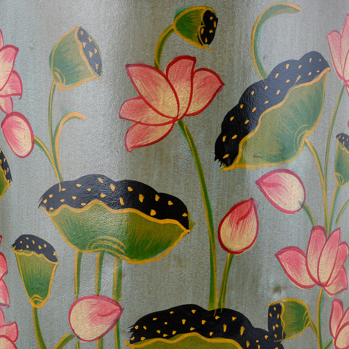 Paintwork Detail From Aqua Lotus Hand painted Waste Paper Bin / Planter | Indigo Antiques
