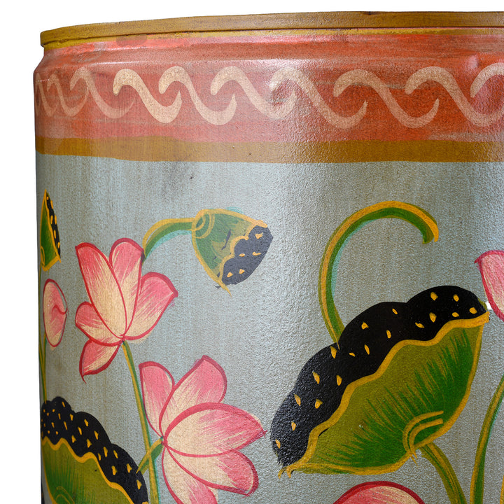 Corner Detail From Aqua Lotus Hand painted Waste Paper Bin / Planter | Indigo Antiques