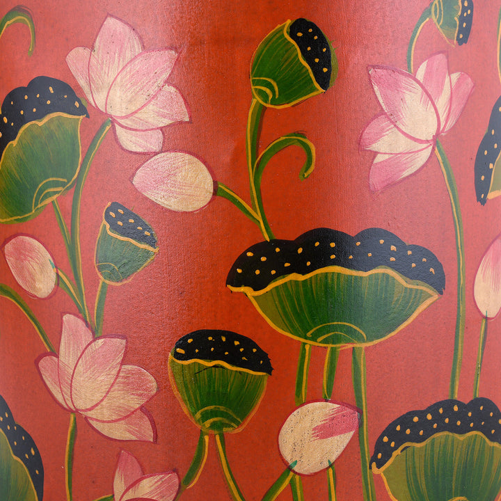 Paintwork Detail From Red Lotus Hand painted Waste Paper Bin / Planter | Indigo Antiques