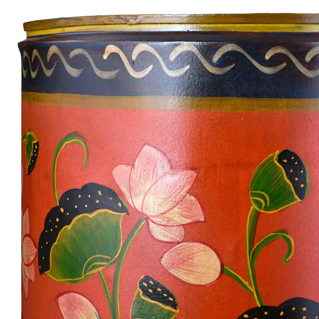 Corner Detail From Red Lotus Hand painted Waste Paper Bin / Planter | Indigo Antiques
