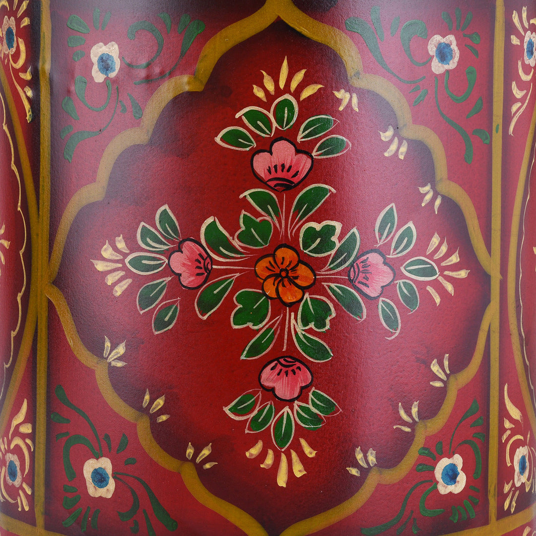 Paintwork Detail From Rajasthani Red Hand painted Waste Paper Bin / Planter | Indigo Antiques