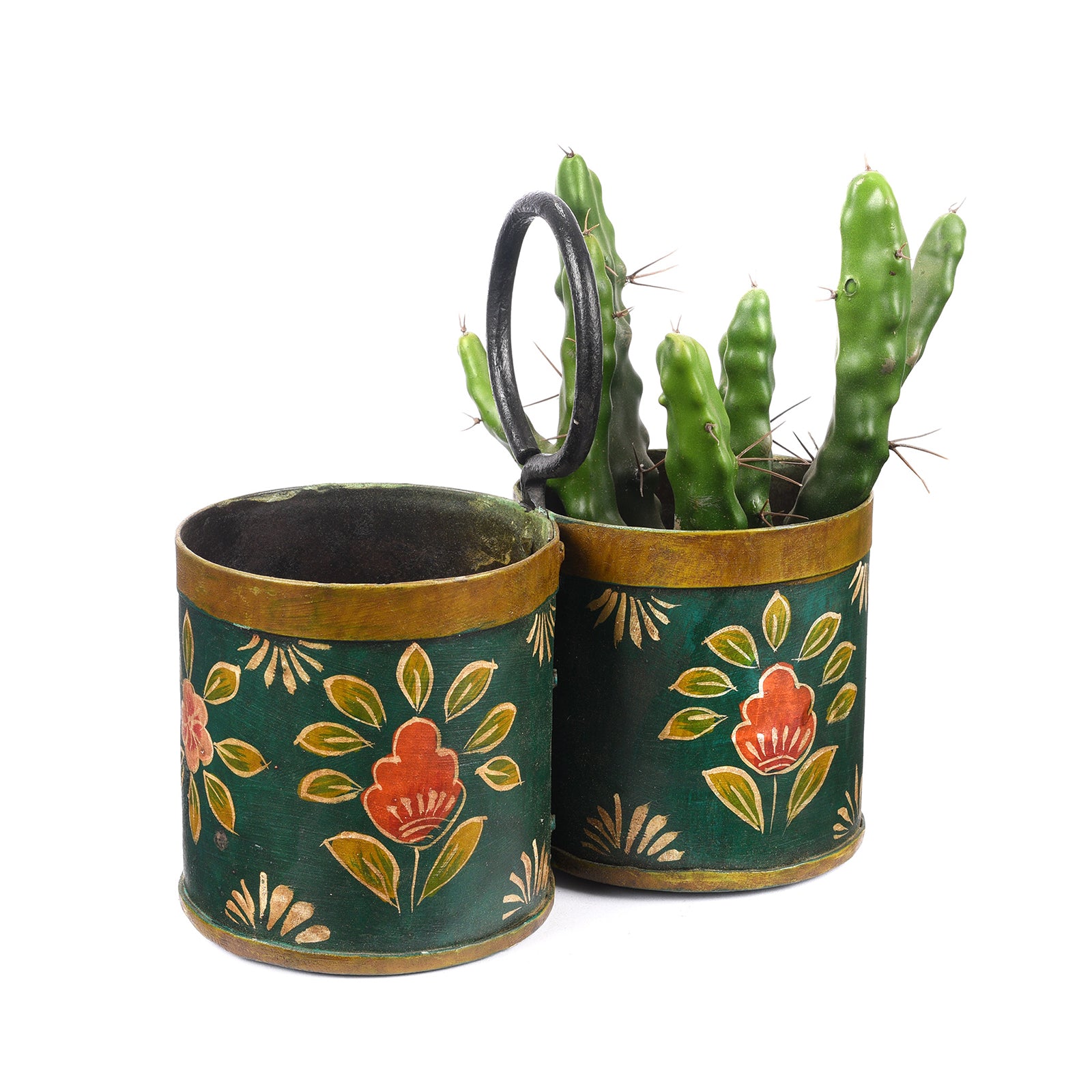 Double Green Floral Painted Bottle Carriers | Indigo Antiques