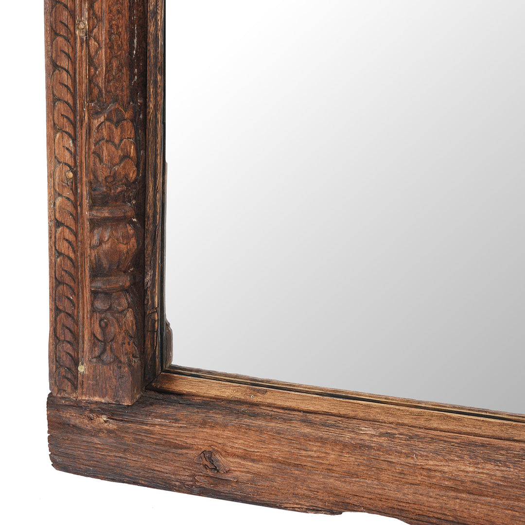 Carving And Glass Depth Detail From Indian Mirror Made From An Old Teak Window | Indigo Antiques