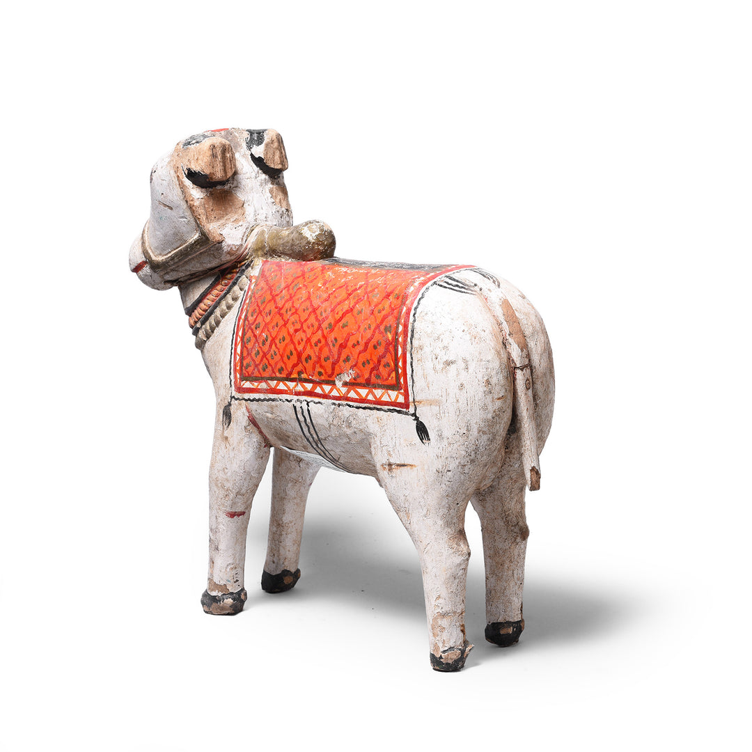 Rear View Of Antique Painted Indian Wooden Nandi Bull Toy  | INDIGO ANTIQUES