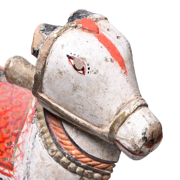 Face Detail From Antique Painted Indian Wooden Nandi Bull Toy  | INDIGO ANTIQUES
