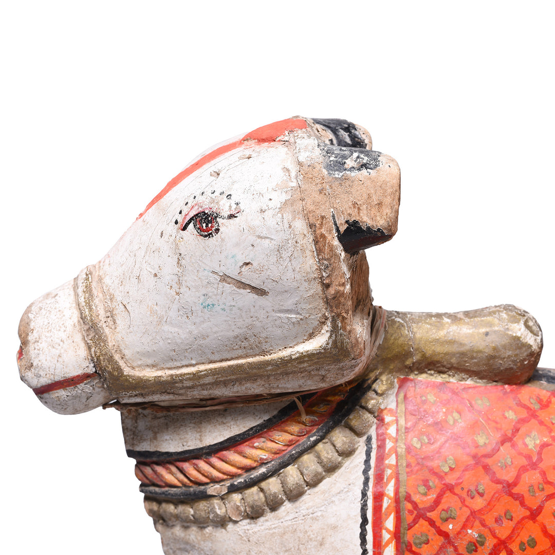 Face Detail From Antique Painted Indian Wooden Nandi Bull Toy  | INDIGO ANTIQUES