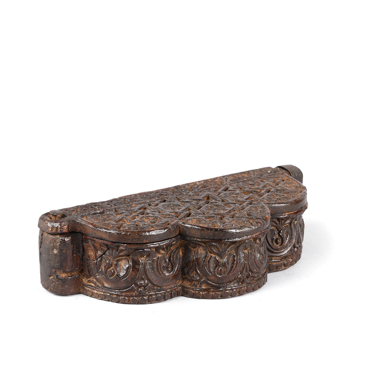 Angled View Of Antique Carved Teak Balance Box From Rajasthan | Indigo Antiques