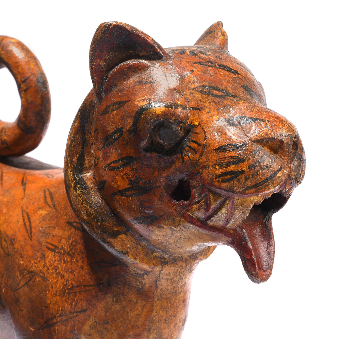 Face Detail From Antique Painted Polychromed Indian Tiger Figure From Surat - Ca 1920 | Indigo Antiques