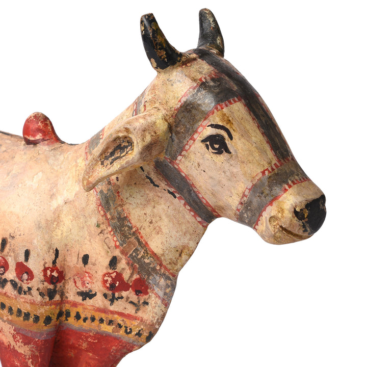 Face Detail From Antique Polychromed Indian Nandi Cow Figure From Surat | INDIGO ANTIQUES