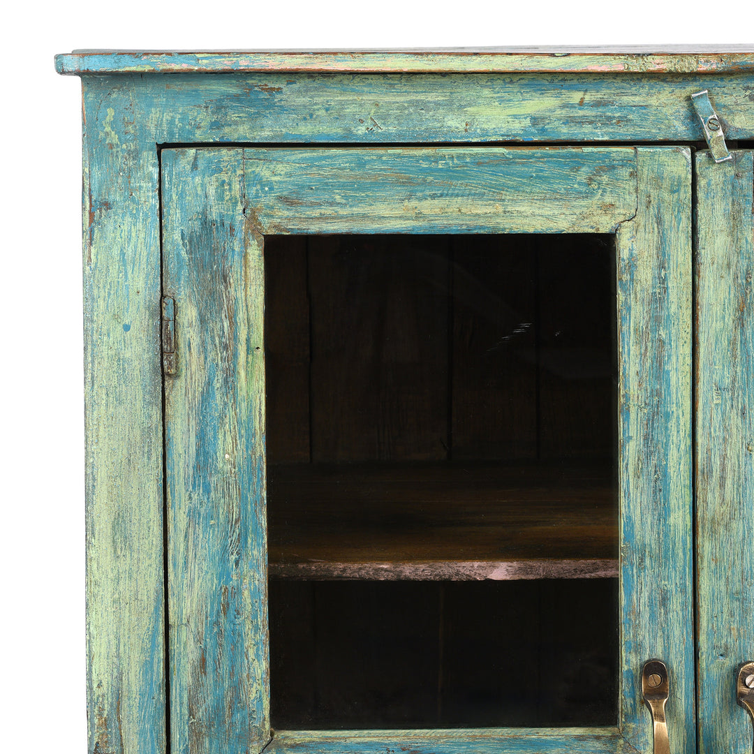 Corner Detail From Painted Antique Indian Teak Glazed Book Cabinet From Gujarat - Ca 1920's | Indigo Antiques