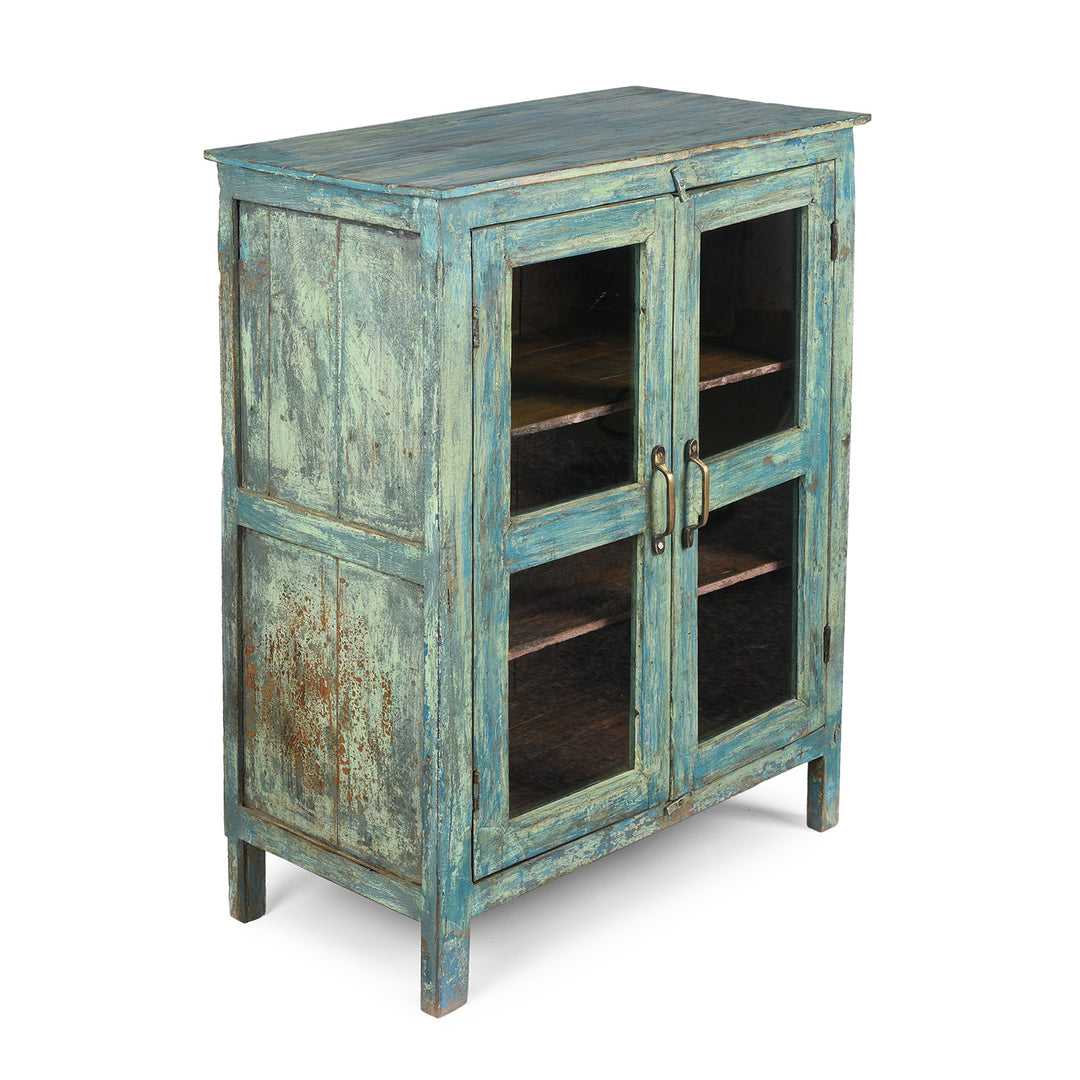 Angled View Of Painted Antique Indian Teak Glazed Book Cabinet From Gujarat - Ca 1920's | Indigo Antiques