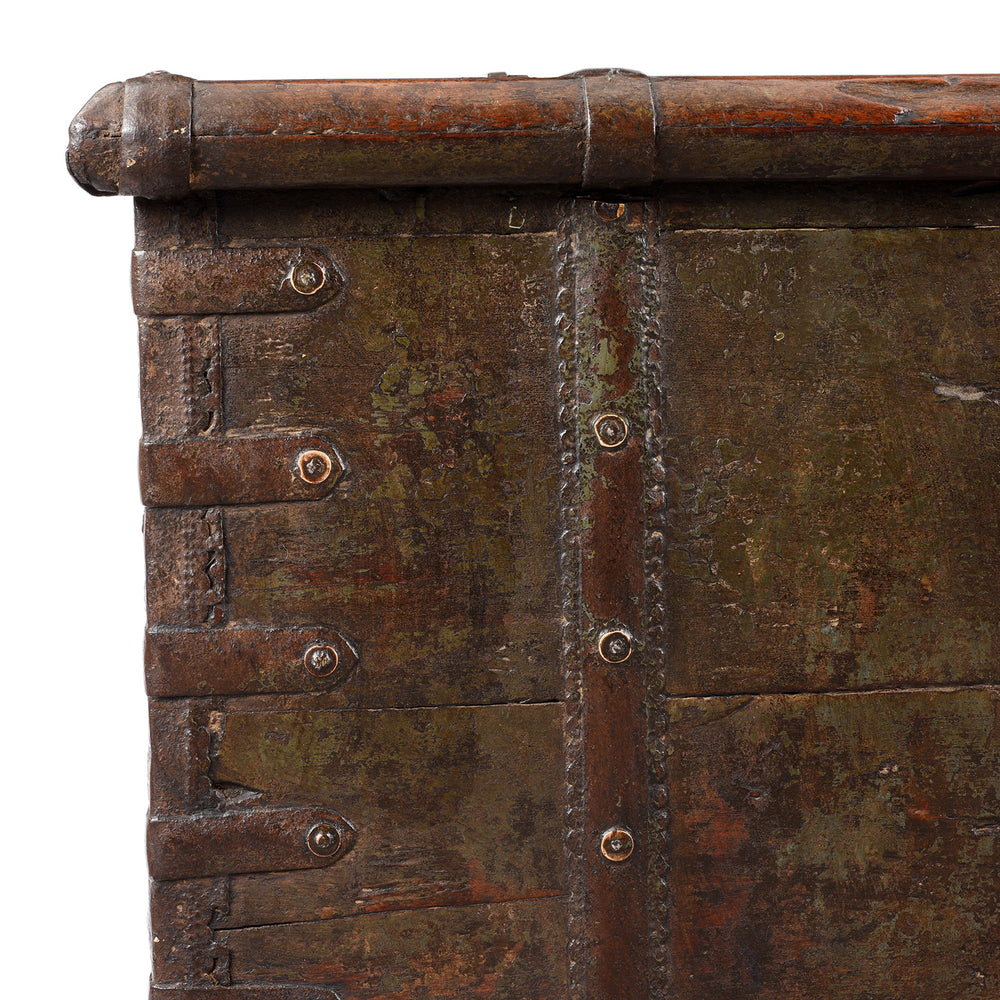 Corner Detail From Antique Painted Iron Bound Teak Chest From Gujarat  | Indigo Antiques