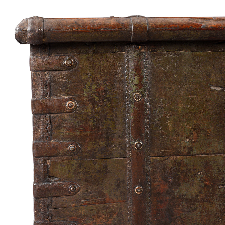 Corner Detail From Antique Painted Iron Bound Teak Chest From Gujarat  | Indigo Antiques