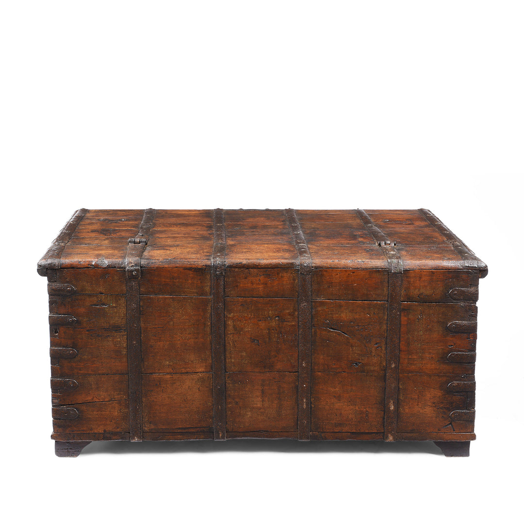 Back Of Antique Painted Iron Bound Teak Chest From Gujarat  | Indigo Antiques