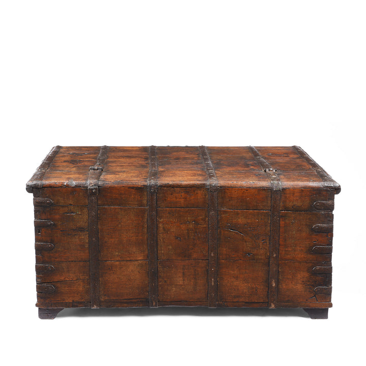 Back Of Antique Painted Iron Bound Teak Chest From Gujarat  | Indigo Antiques