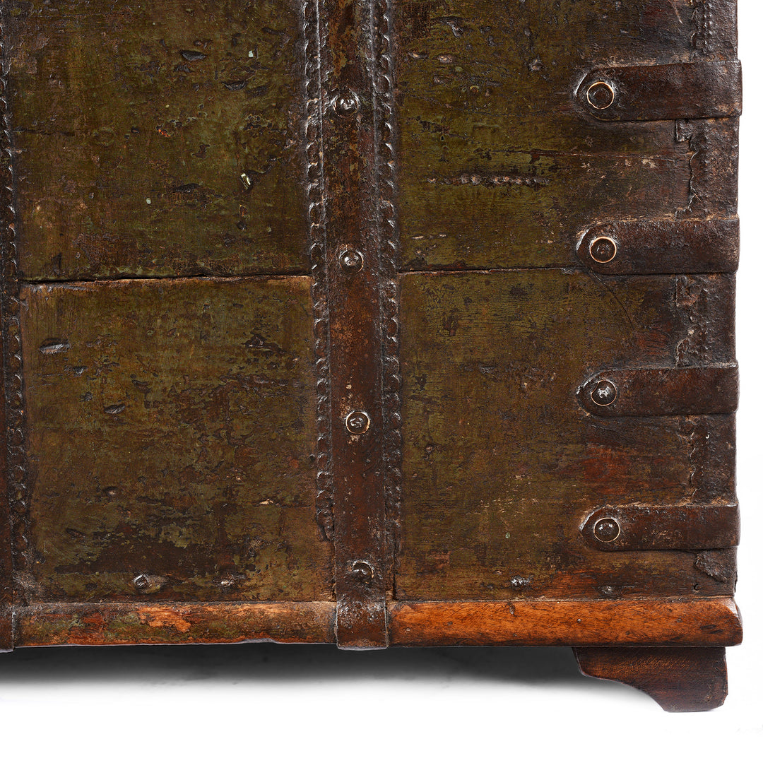 Bottom Corner Detail From Antique Painted Iron Bound Teak Chest From Gujarat  | Indigo Antiques