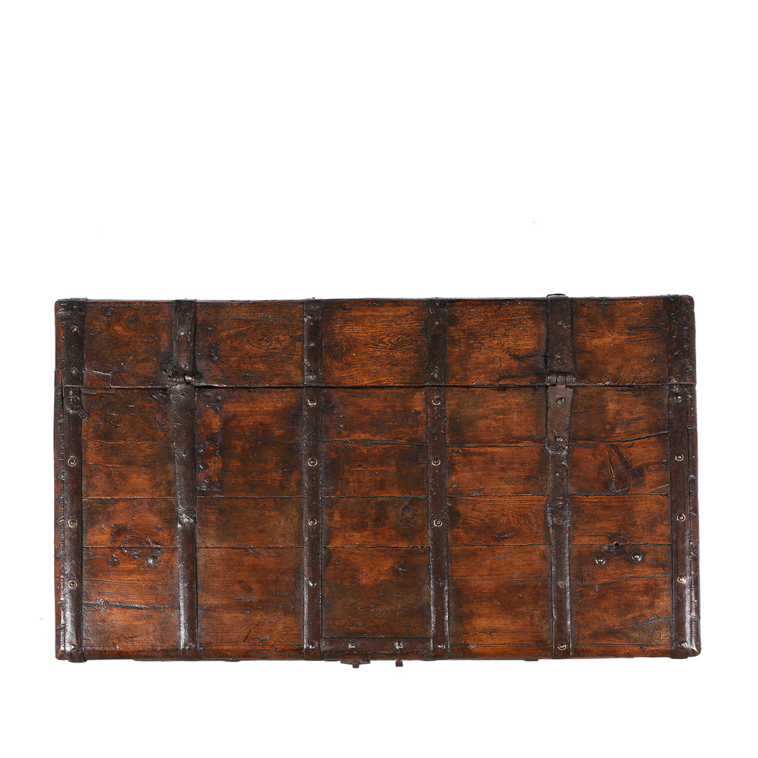 Top Down View Of Antique Painted Iron Bound Teak Chest From Gujarat  | Indigo Antiques