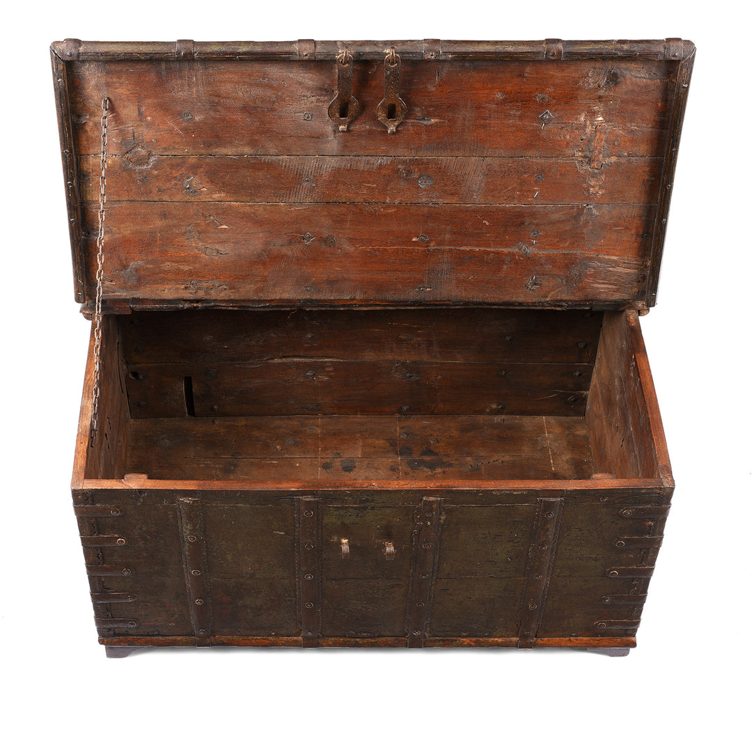 Interior Of Antique Painted Iron Bound Teak Chest From Gujarat  | Indigo Antiques