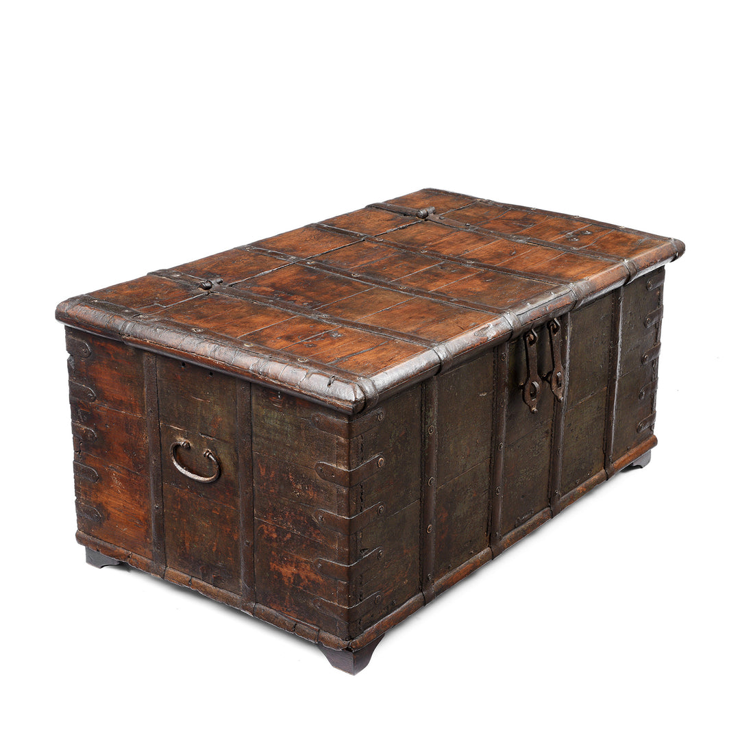 Angled View Of Antique Painted Iron Bound Teak Chest From Gujarat  | Indigo Antiques