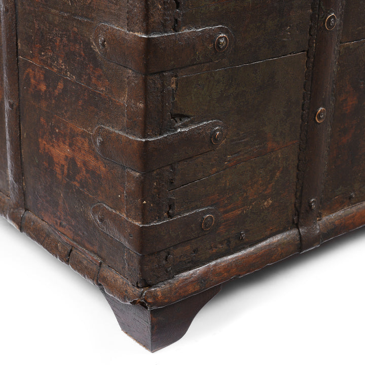 Corner Detail From Antique Painted Iron Bound Teak Chest From Gujarat  | Indigo Antiques