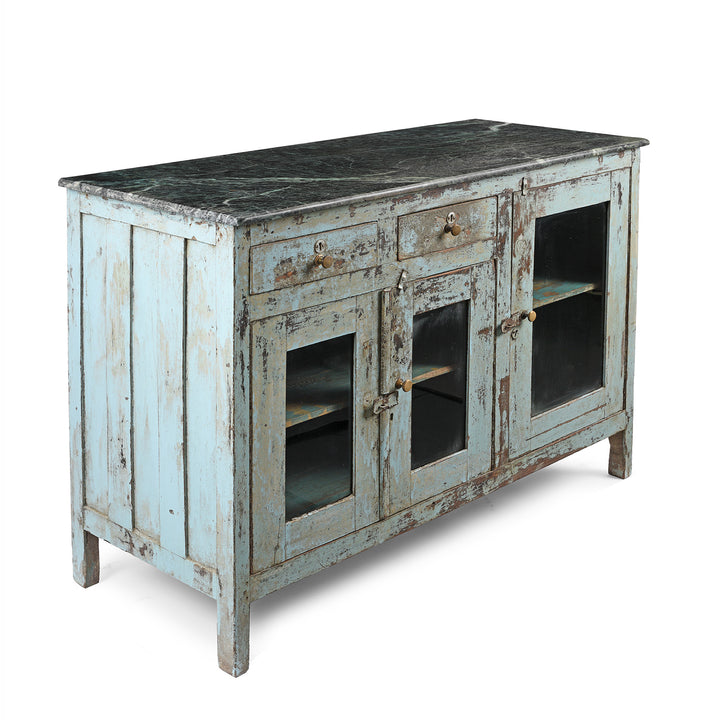 Angled View Of Old Painted Glazed Sideboard With Green Marble Top | Indigo Antiques