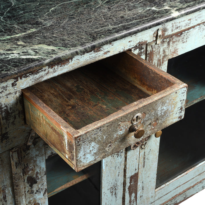 Drawer Detail From Old Painted Glazed Sideboard With Green Marble Top | Indigo Antiques