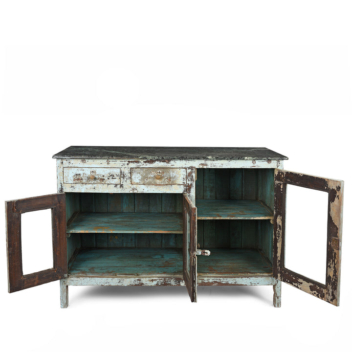 Open Doors View Of Old Painted Glazed Sideboard With Green Marble Top | Indigo Antiques