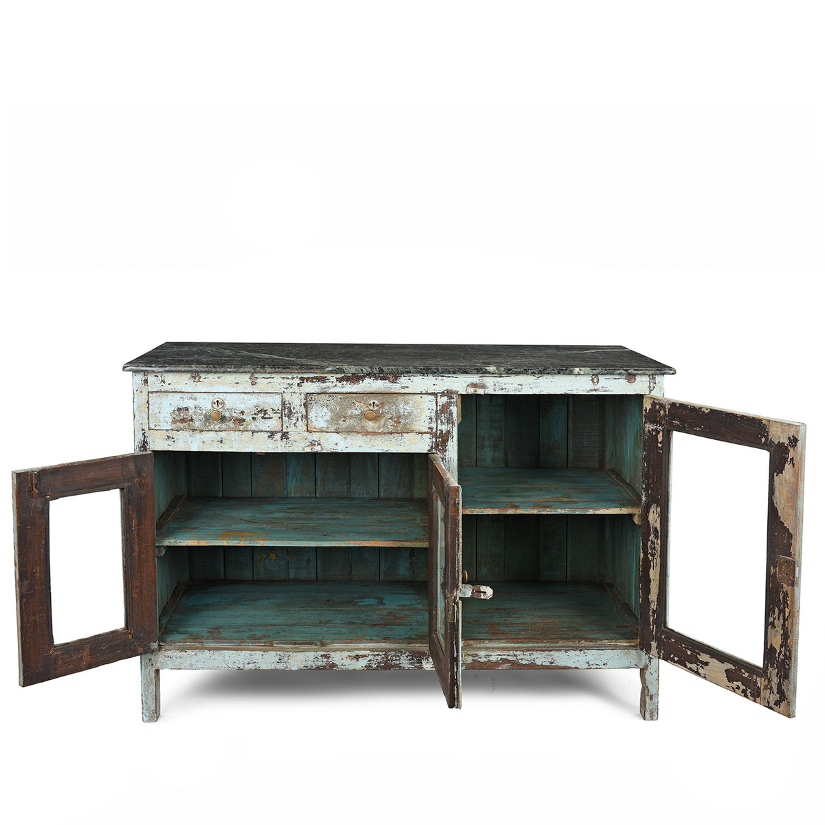 Open Doors View Of Old Painted Glazed Sideboard With Green Marble Top | Indigo Antiques