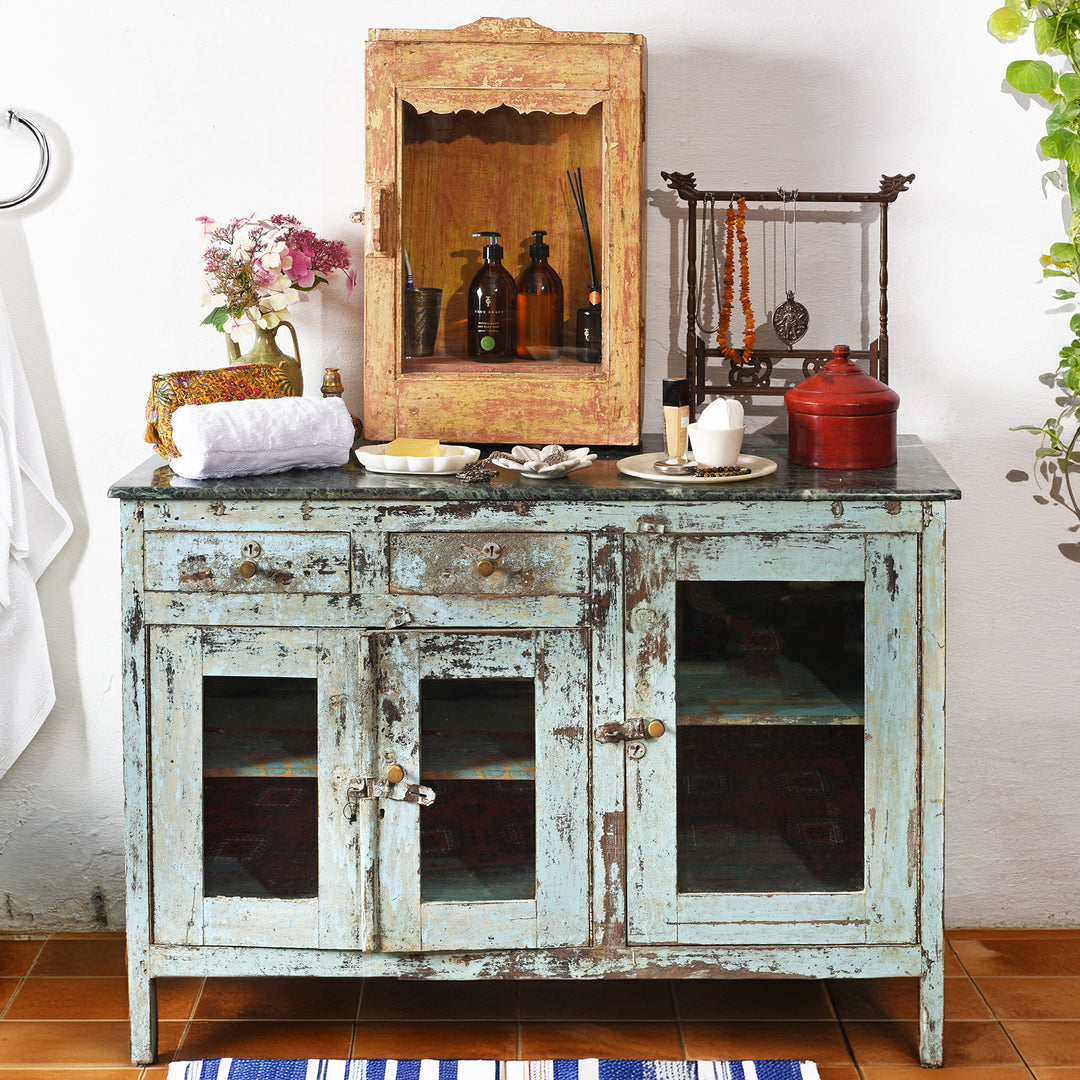 Old Painted Glazed Sideboard With Green Marble Top | Indigo Antiques
