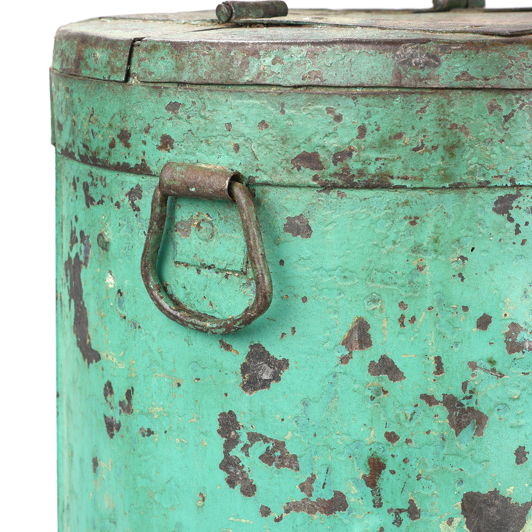 Handle Detail From Antique Green Painted Iron Grain Storage Bin From Rajasthan - Ca 1920 | Indigo Antiques
