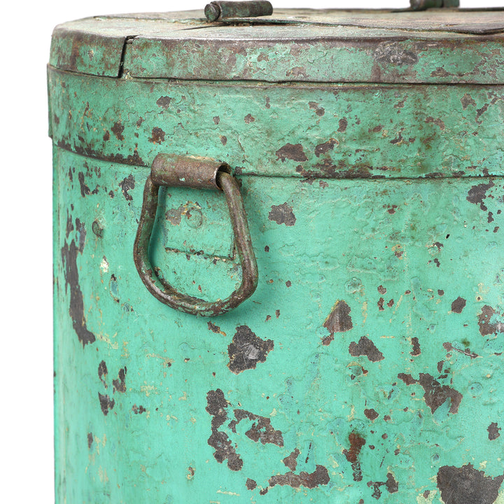 Handle Detail From Antique Green Painted Iron Grain Storage Bin From Rajasthan - Ca 1920 | Indigo Antiques