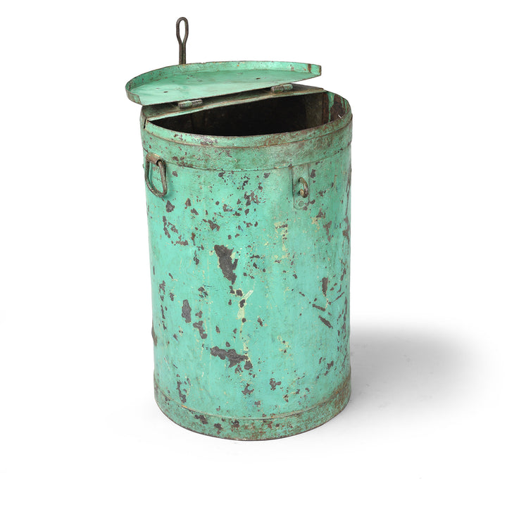 Lid Open View Of Antique Green Painted Iron Grain Storage Bin From Rajasthan - Ca 1920 | Indigo Antiques