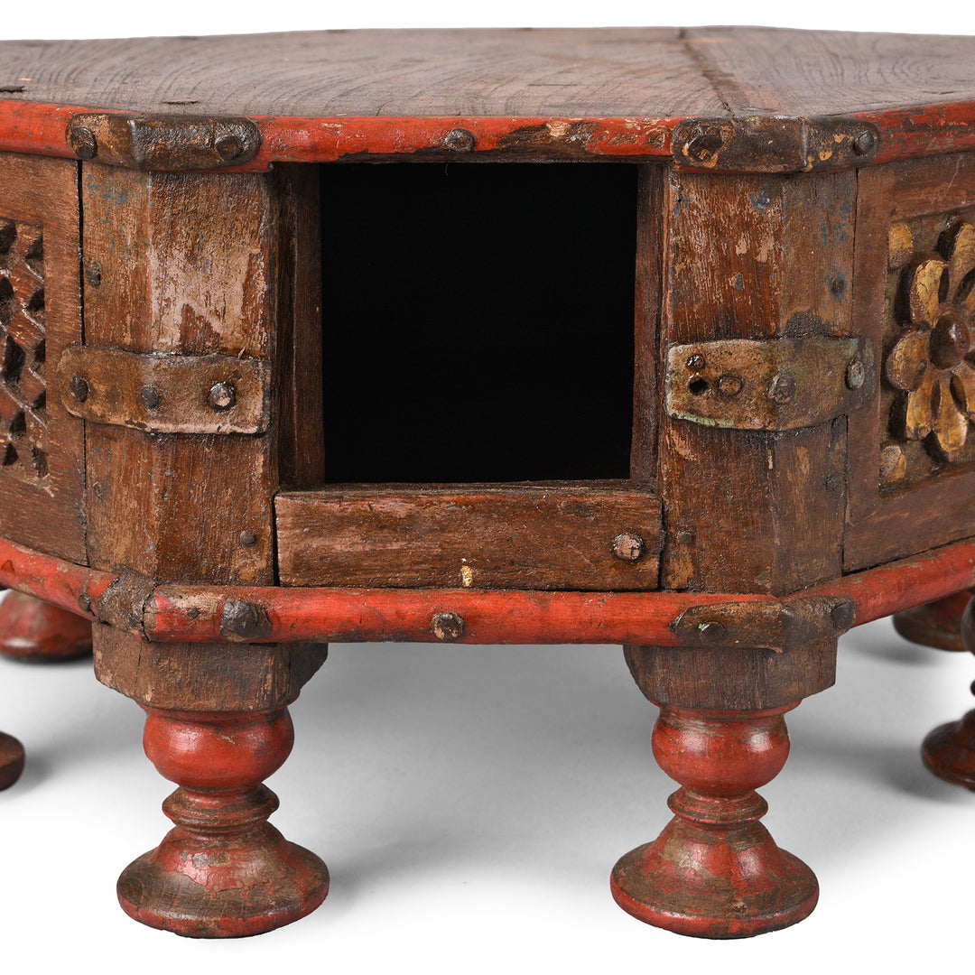 Interior Of Antique Lacquered Octagonal Bajot Low Table From Gujarat | Indigo Antiques
