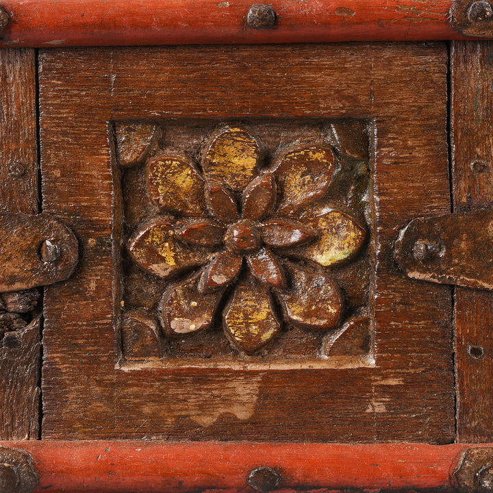 Carving Detail From Antique Lacquered Octagonal Bajot Low Table From Gujarat | Indigo Antiques