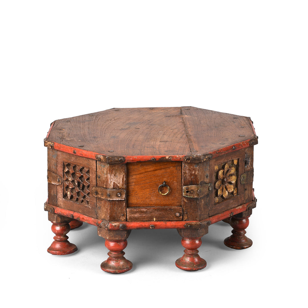 Antique Lacquered Octagonal Bajot Low Table From Gujarat | Indigo Antiques