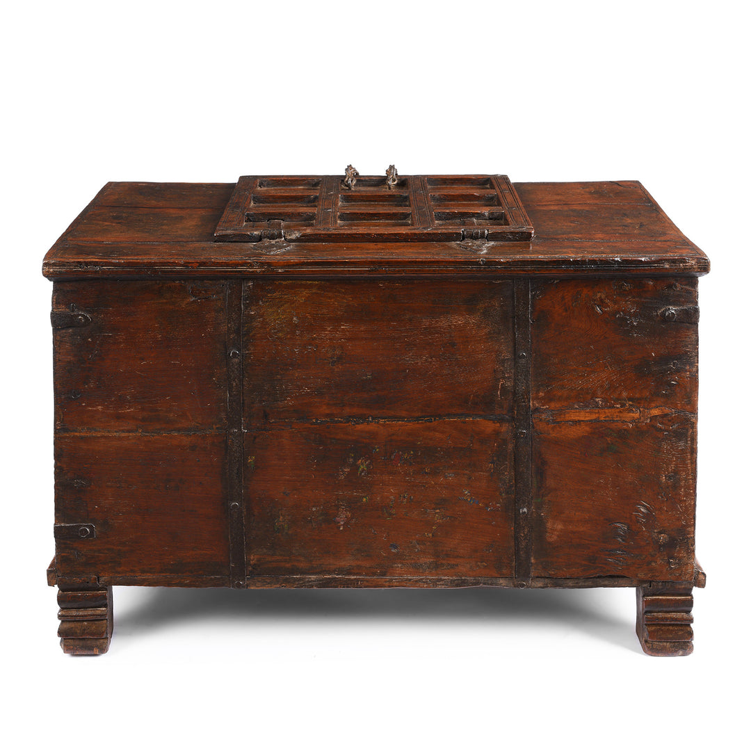 Back Of Antique Iron Bound Teak Chest From Gujarat | Indigo Antiques
