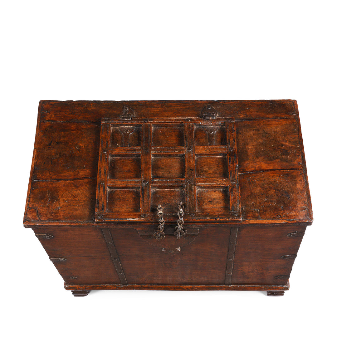 Top Down View Of Antique Iron Bound Teak Chest From Gujarat | Indigo Antiques