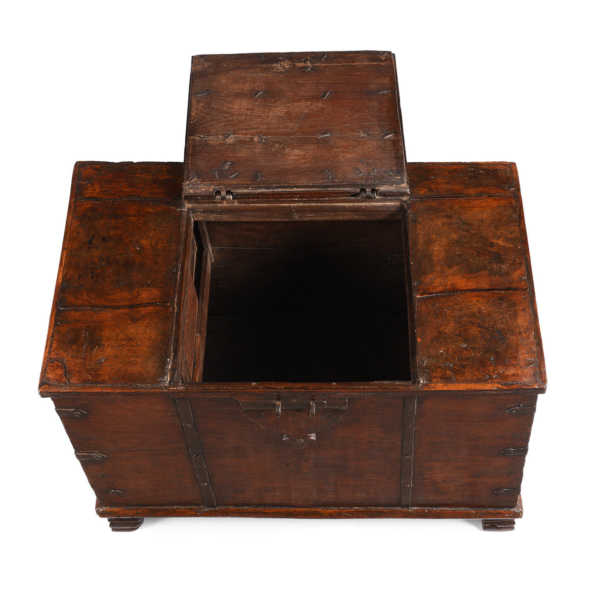 Open Lid View Of Antique Iron Bound Teak Chest From Gujarat | Indigo Antiques