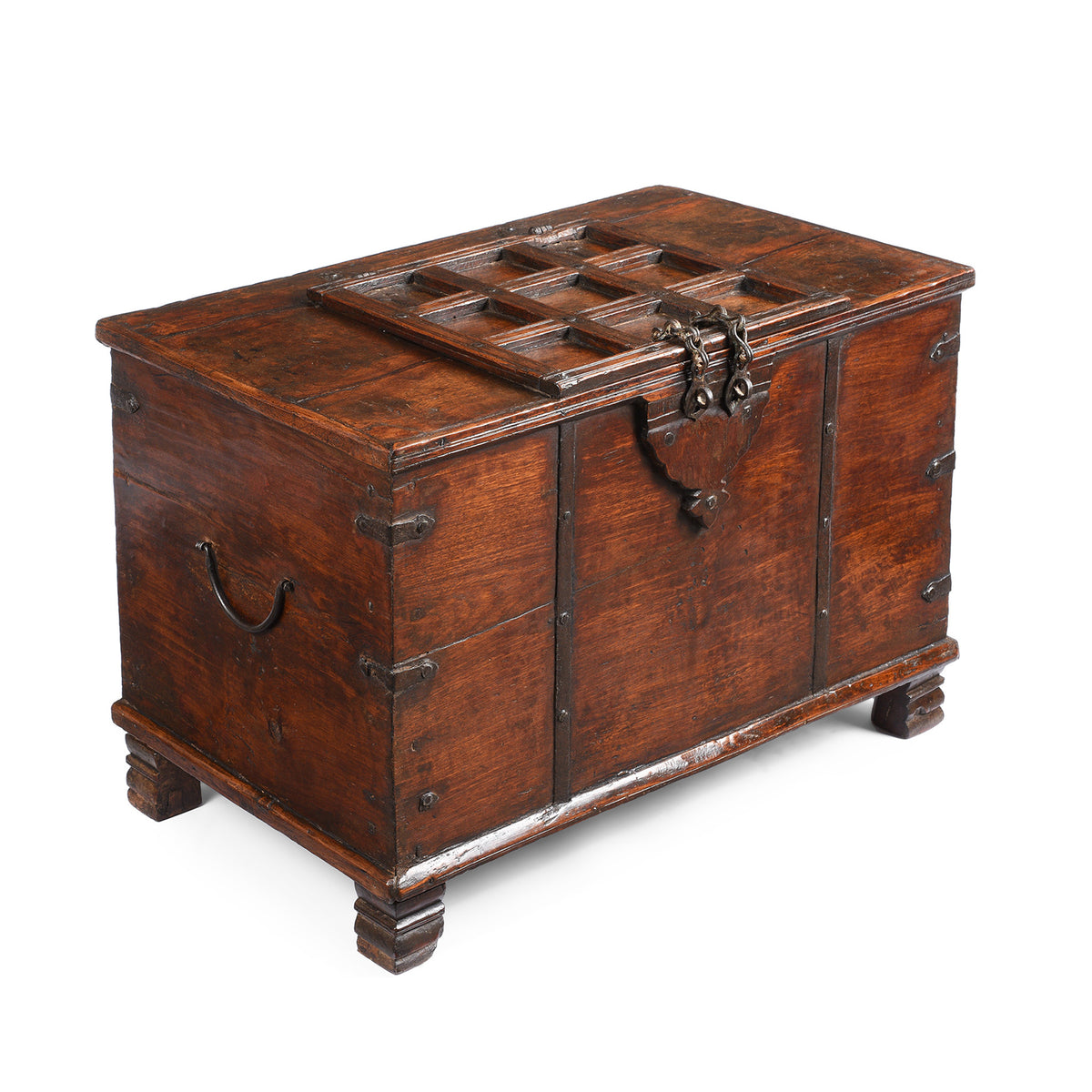 Angled View Of Antique Iron Bound Teak Chest From Gujarat | Indigo Antiques