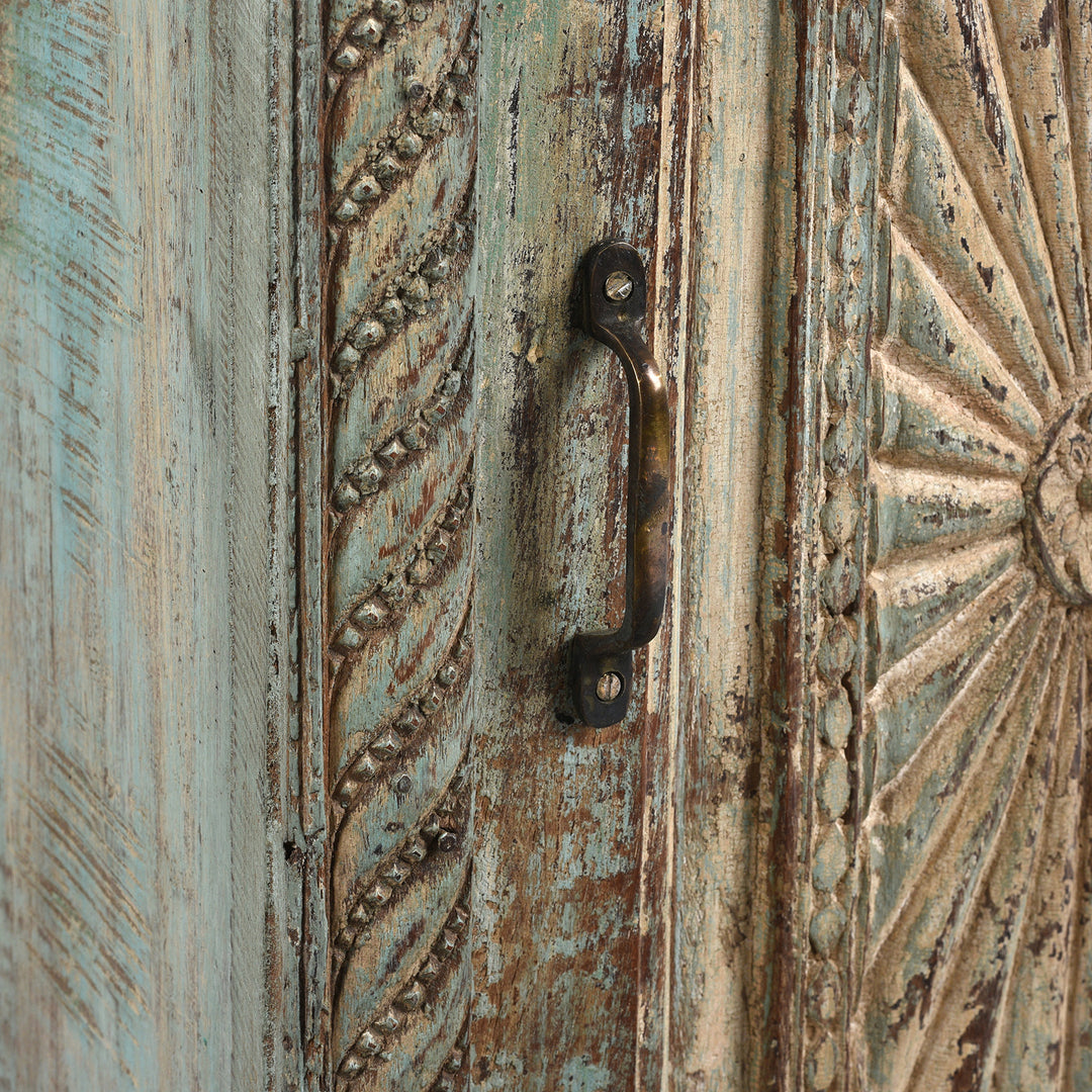Handle Detail from Sunburst Bedside Cabinet Made From Reclaimed Teak | INDIGO ANTIQUES