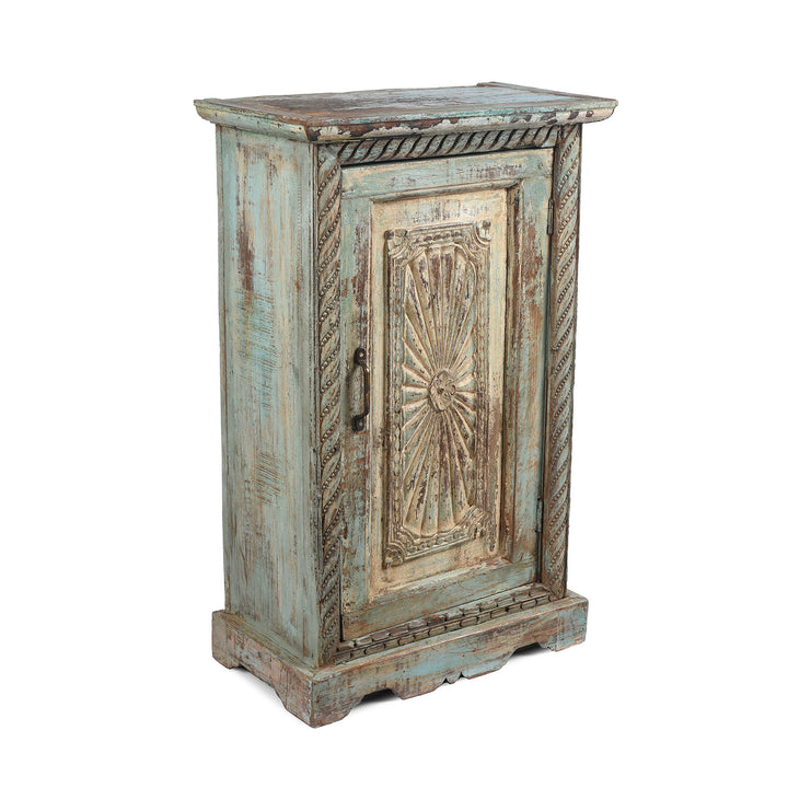 Angled View Of Sunburst Bedside Cabinet Made From Reclaimed Teak | INDIGO ANTIQUES