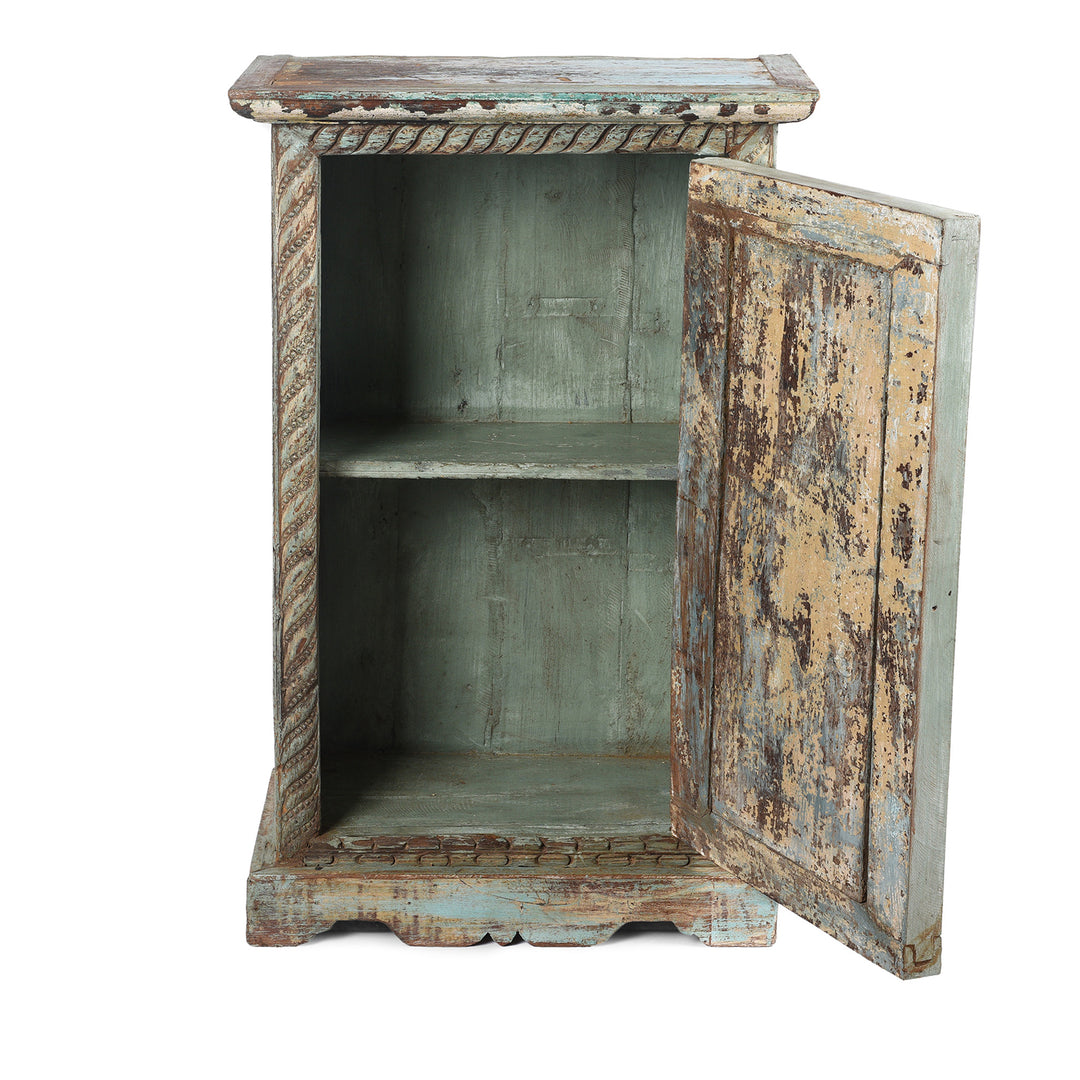 Open Door View Of Sunburst Bedside Cabinet Made From Reclaimed Teak | INDIGO ANTIQUES