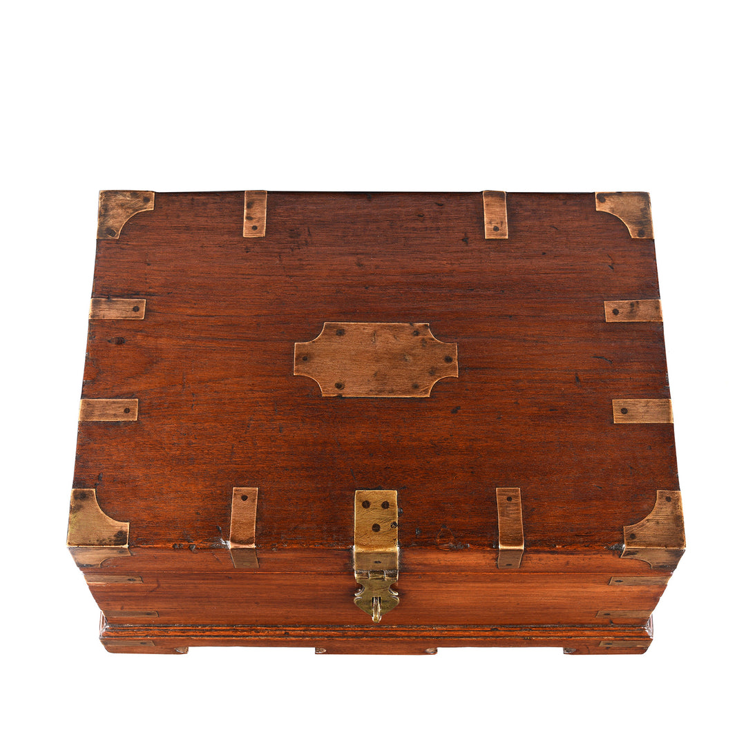 Top Down View Of Antique Brass Bound Teak Jewellery Box From Rajasthan | Indigo Antiques