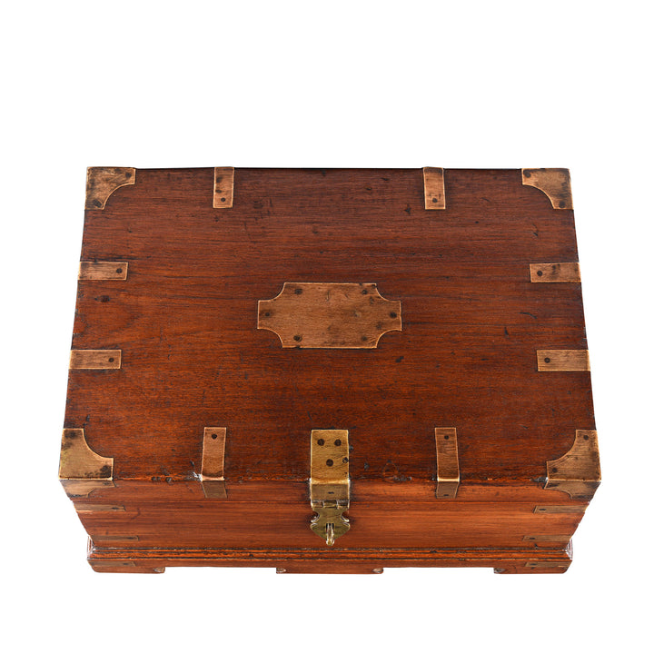 Top Down View Of Antique Brass Bound Teak Jewellery Box From Rajasthan | Indigo Antiques