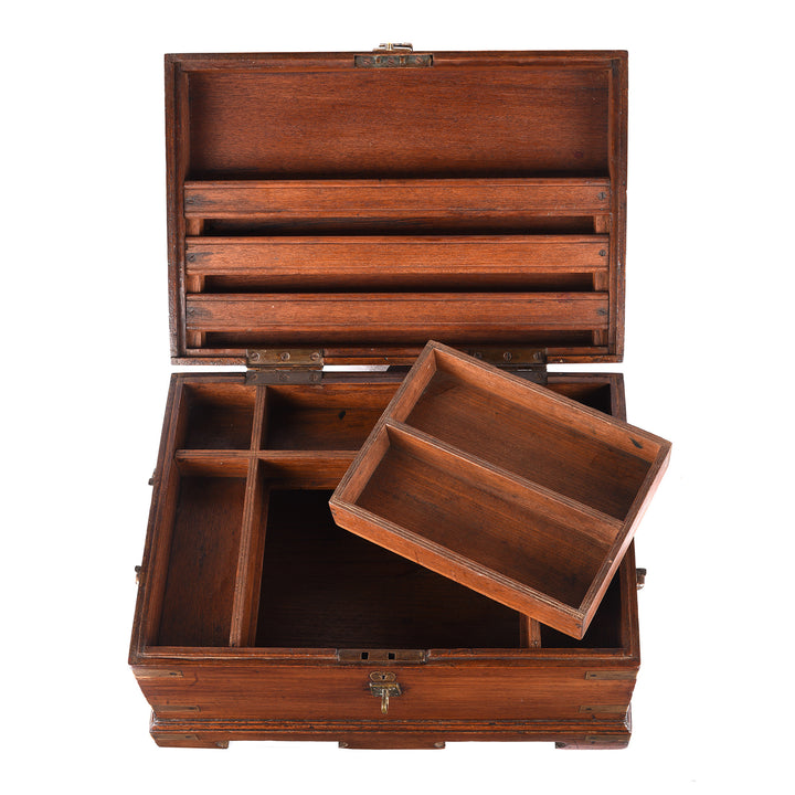 Open Lid View Of Antique Brass Bound Teak Jewellery Box From Rajasthan | Indigo Antiques