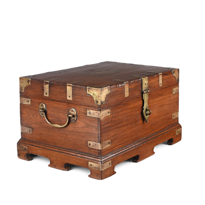 Angled View Of Antique Brass Bound Teak Jewellery Box From Rajasthan | Indigo Antiques