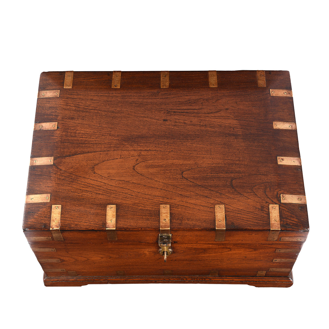 Top Down View Of Antique Brass Bound Teak Jewellery Box From Rajasthan | Indigo Antiques