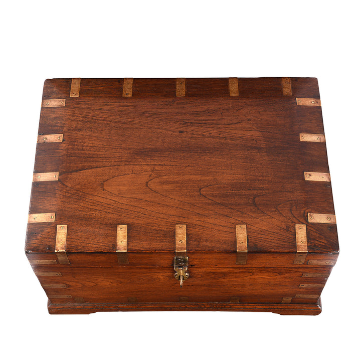 Top Down View Of Antique Brass Bound Teak Jewellery Box From Rajasthan | Indigo Antiques