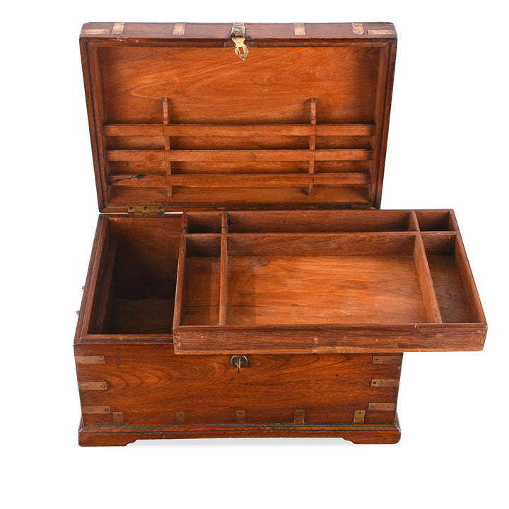 Open View Of Antique Brass Bound Teak Jewellery Box From Rajasthan | Indigo Antiques