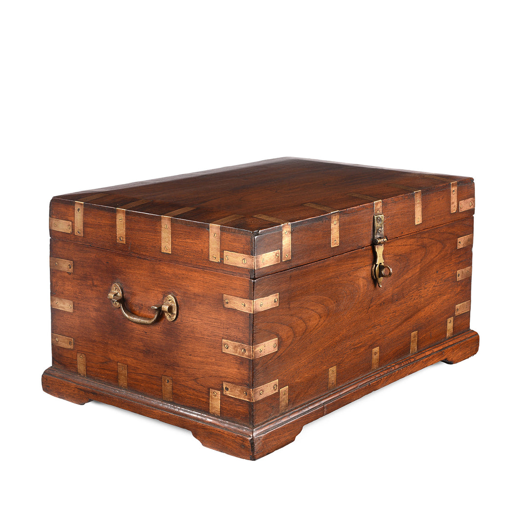 Angled View Of Antique Brass Bound Teak Jewellery Box From Rajasthan | Indigo Antiques